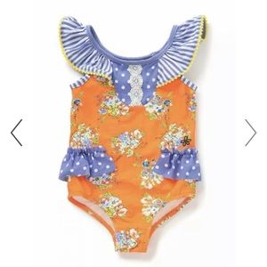 EUC Girls Matilda Jane Clothing One Piece “Relay” Ruffle Swimsuit Size 14 Teen